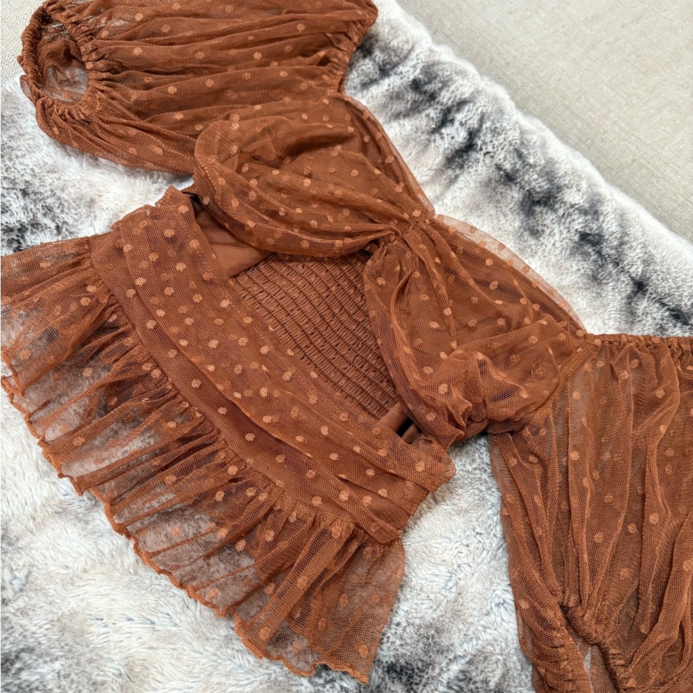 Forever 21 Rust Brown Swiss Dot Sheer Puff Sleeve Crop Top